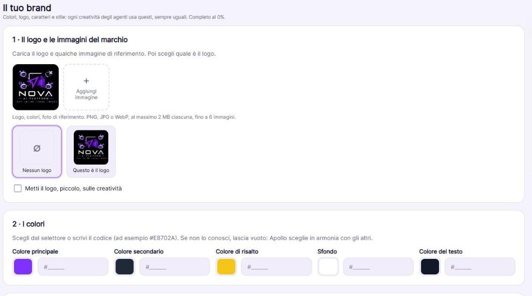 La pagina del brand con logo, colori e caratteri