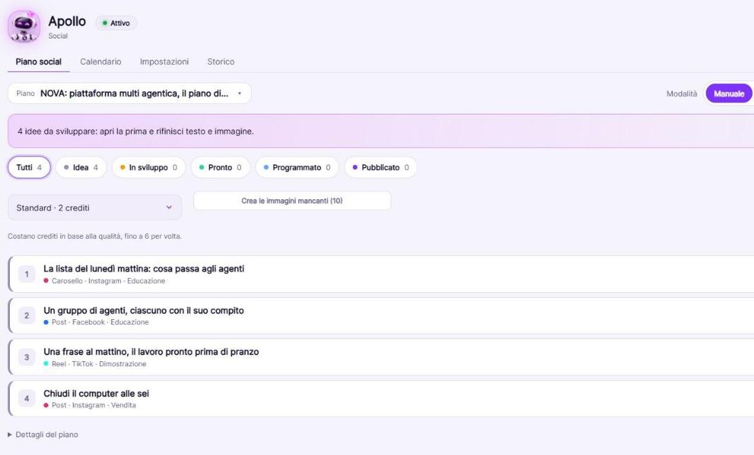 Il piano editoriale di Apollo con le schede dei contenuti